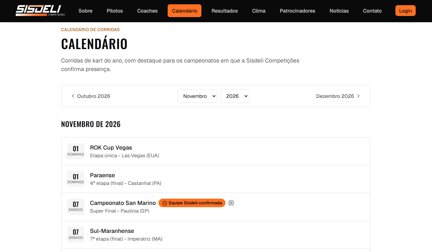 Calendário público de corridas do portal da equipe, com etapas e presença confirmada do time